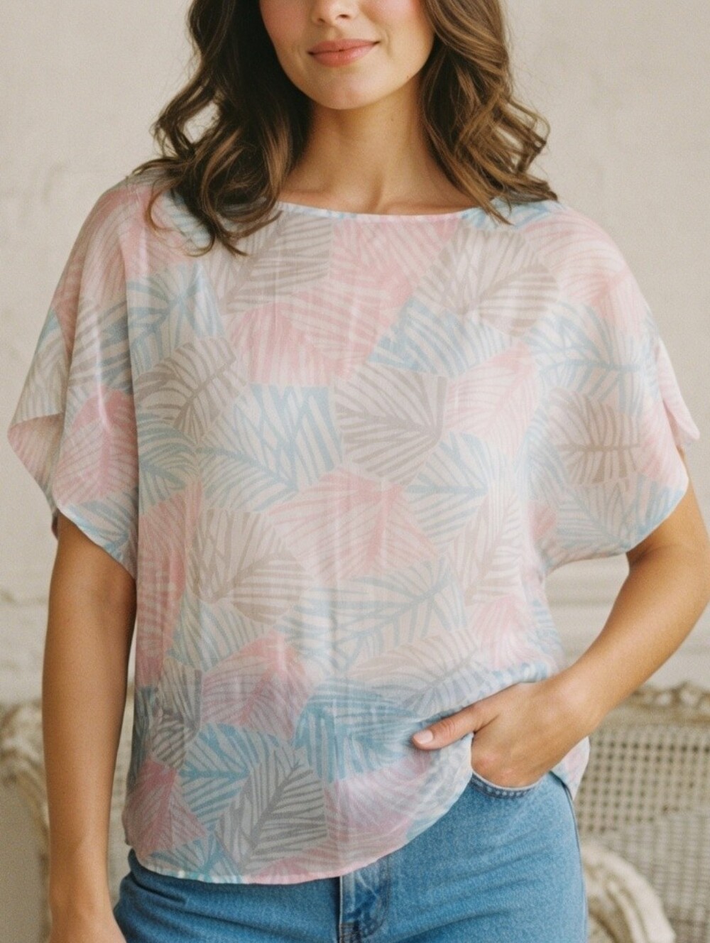 Vintage En Vogue Pastel Patterned Short Dolman Sleeve Top Size 14